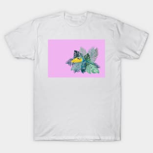 Tropical Marbled Paper Parrot with Jungle Leaves-Pink T-Shirt